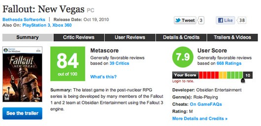 Obsidian missed Fallout: New Vegas Metacritic bonus by one point, Game Crazy